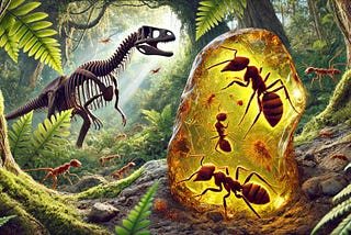A realistic depiction of a prehistoric scene featuring ants from 100 million years ago preserved in amber, with detailed sensory organs visible. The background shows a lush, ancient forest with diverse foliage and a dinosaur in the distance. The amber is cracked open, highlighting the ants’ sensory structures, capturing the essence of the Cretaceous period