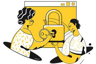 Two people help each other put a key in a lock. A dramatically large browser window is behind them and the lock.
