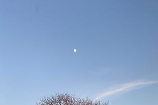 A picture of a blue sky with a cloud and the moon in the center taken from the author’s deck.