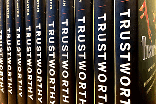Row of hardcover copies of Trustworthy on a shelf.