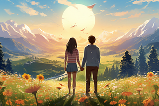 Cartoon of two people standing in a flowery meadow on a sunny day, holding hands with their backs towards the camera. they are both looking out over the meadow enjoying the beautiful scenery. In the distance there are forests, mountains and the sun