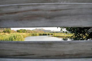 View between the plank wall gap to the freshwater marshes of the wetland park, an open space of mountain, sky & greenery.