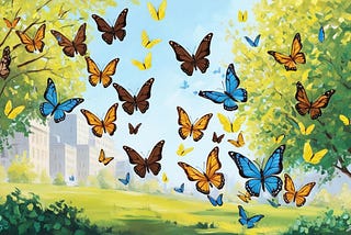 A swarm of brown, blue and black, and yellow butterflies flying in one direction inside a city.