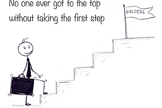 Image shows someone taking the first step towards their goal, and has the quote “No one ever got to the top without taking the first step”