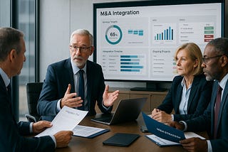 Leadership team in boardroom reviewing M&A strategy and integration dashboards