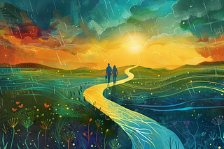 An artistic illustration showing two silhouetted figures walking hand in hand along a winding path through a vibrant landscape. The scene transitions from a sunny, warm-colored horizon to a cool, rainy atmosphere, representing the varied experiences in a relationship. The path is surrounded by stylized, colorful vegetation and hearts, under a dynamic sky with sun, rain, and symbolic elements of time and growth.