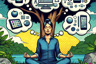 A woman sitting under a tree in a meditation pose with thought bubbles of digital design ideas above her.