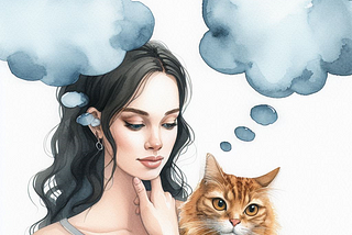 A dark-haired woman stroking her chin in thought while holding a blond and white, long-haired cat. Two empty though bubbles appear above their heads.