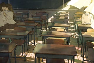 A classroom with most benches empty.