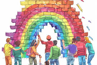 A colour pencil illustration of a group of people working together to build a rainbow out of coloured bricks. Generated by Midjourney.