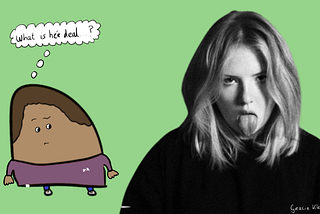 Blob on the left wearing a purple shirt thinking “What is hér deal?”. On the right a blonde white girl wearing a black hoodie and sticking her tongue out while looking straight at the camera.