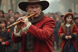 Vladimir Putin as the Pied Piper of Hamelin leading the children of Ukraine away
