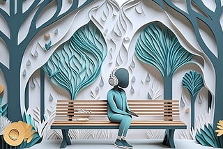 Stylized, paper-cut art scene featuring a person sitting on a wooden park bench. The figure is wearing headphones and a tracksuit, rendered in a minimalistic, faceless manner. Surrounding the bench are intricately designed trees and plants with layers of paper-like textures in shades of teal, white, and beige. Large leaves and raindrop shapes enhance the background, creating a serene, abstract nature setting. A feeling whimsy and tranquility, emphasizing peacefulness of the moment and sadness.