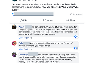 Some comments from my facebook feed about connection via video.