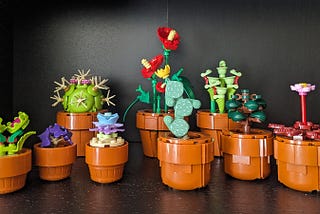 The completed LEGO Tiny Plants set on a black surface in front of a black background. There are nine plants in pots, three each in teeny, tiny, and small sizes. There are a great variety including cacti, flowers, Venus fly traps, and more.
