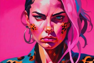 A very colorful image of an angry young woman. She is stylishly dressed and groomed and with some cat-like features just for the fun of it.