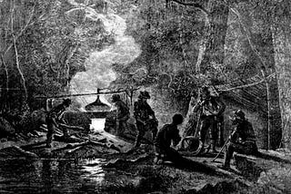 Drawing of men tending a moonshine still at night.