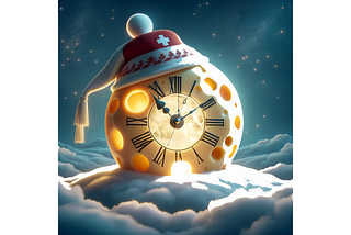 An illustration of full moon made to look like swiss cheese full of holes with clock face and swiss style red hat with tassel. the moon is floating on fluffy clouds