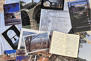 A collage of pages, photos, Italian document, postcards of Italy, a book that says “Castel San Vincenzo” and a journal with handwritten pages.