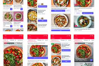 Eight different screenshots of design exploration showing different layouts of pictures and text for digital recipe cards