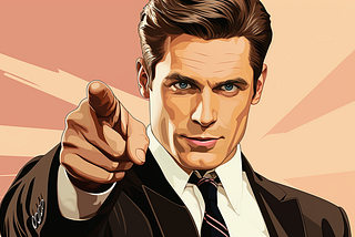 A cartoon-style illustration of a man in a black suit and tie, pointing at the viewer with his right hand. The background is peach with orange rays.