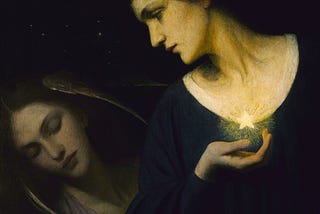 Mary L. Macomber, “Night and Her Daughter Sleep” (Oil on Canvas, 1902), woman with dark hair and a shining star in the palm of her hand leans over a sleeping young woman
