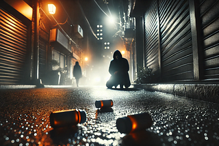 A close-up photo of a dimly lit urban street at night with a sense of danger and mystery. The scene features a dark alleyway with a shadowy figure in the background. Concept of the rise of illicit fentanyl and xylazine.