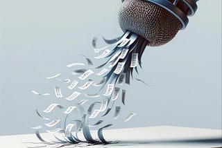 A microphone acting like a vacuum, drawing in small, slim slips of paper with words from a table. The slips float and flutter as they are pulled towards the microphone