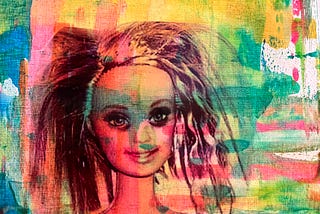 Painting of Barbie doll using photo transfer and acrylic paint in pinks, yellows, greens, blues and browns.