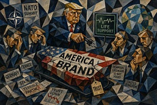 A Cubist illustration of a fractured American flag on life support as Donald Trump pulls the plug during a NATO summit, symbolizing the collapse of America’s global reputation and trust.