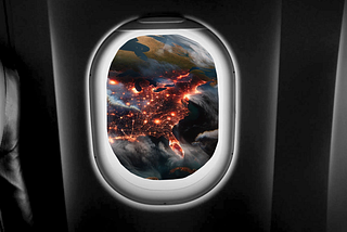 View out the window of a first class seat of a commercial airplane. The view is of the eastern United States in flames, as seen from a very high altitude.