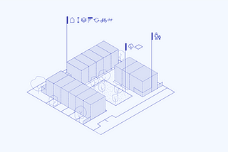 An isometric illustration of a neighbourhood. The houses are shown as dotted-outline blocks suggesting a set of rules about height and massing. Various labels suggest other kinds of rules about materials, energy performance, and a creche at one corner of a shared greenspace.