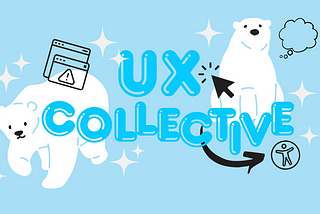 Bubbly lettering reading “UX Collective” in light blue atop an illustration of two polar bears. The letters are surrounded by icons related to UX design like a mouse cursor, an error message, and the accessibility icon. Sparkles abound.
