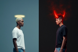 Person on the left with a halo, person on the right with horns