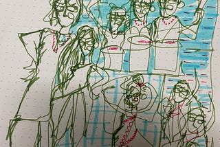An image showing characters of the movie, the little girl, the koshai, creative people of the village — drawn using two colors in a style without removing the pen when drawing.