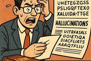 IMAGE: A cartoon-style illustration of a panicked lawyer holding a nonsensical legal document labeled “HALLUCINATIONS,” symbolizing the dangers of AI-generated errors in professional settings