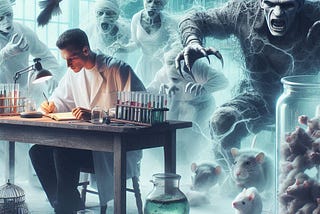 man sits at a desk while his laboratory erupts into chaos