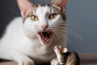 A vicious cat with its mouth open with a small mouse in front of him.