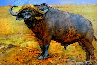 imposing African buffalo in the style of Vang Gogh