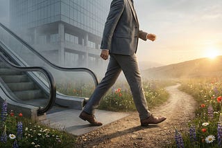 A visual metaphor for leaving the corporate “rat race” for a more fulfilling path. A person in a business suit steps off a rigid concrete escalator onto a winding dirt trail filled with wildflowers.
