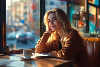A woman with blonde hair sits at a cozy café table by a large window, gazing outside with a peaceful smile.