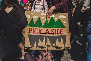 Poster being carried in a crowd, labelled “PICK A SIDE”
