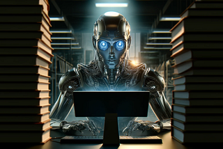 Robot writing a novel surrounded by books — I tested the New GPT-4o (OMNI) for Writing Novels