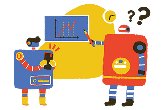 Illustration of robots confused looking at a line chart