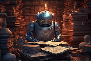 Robot writing on a scroll with a quill, surrounded by piles of books and scrolls.