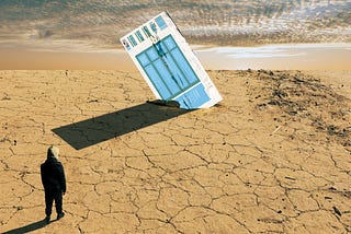 A bleak, post apocalyptic landscape with a lone, hooded figure staring at a giant PowerPoint slide, embedded in the cracked ground.