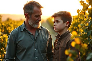 AI generated image of a father and son standing in a vineyard.