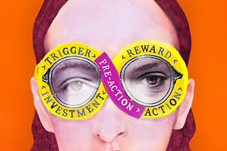 Colourful illustration of a woman reading from a device. It depicts her wearing glasses with the words ‘trigger > pre-action > action > reward > investment’ wrapped around the frame.