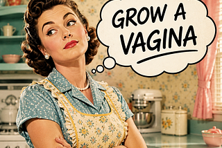 A retro 1950s-style housewife in a kitchen crosses her arms while a thought bubble says, “Grow a vagina.”