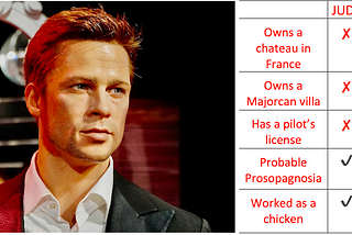 A head-and-shoulders wax likeness of actor Brad Pitt is beside a checklist of things Brad and Judy do, and do not, share. “Probably Prosopagnosia” and “Worked as a chicken” have check marks for both.